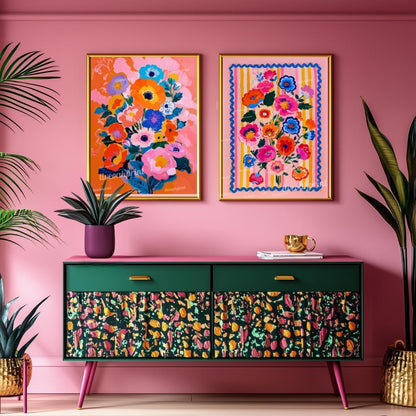Pink and Orange Floral Art Set – Bold Maximalist Flower Prints – Vibrant Wall Art for Bedroom, Living Room, or Gallery Wall