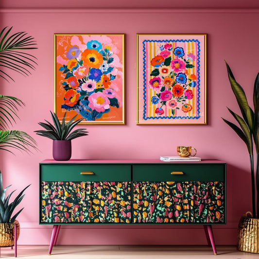 Pink and Orange Floral Art Set – Bold Maximalist Flower Prints – Vibrant Wall Art for Bedroom, Living Room, or Gallery Wall