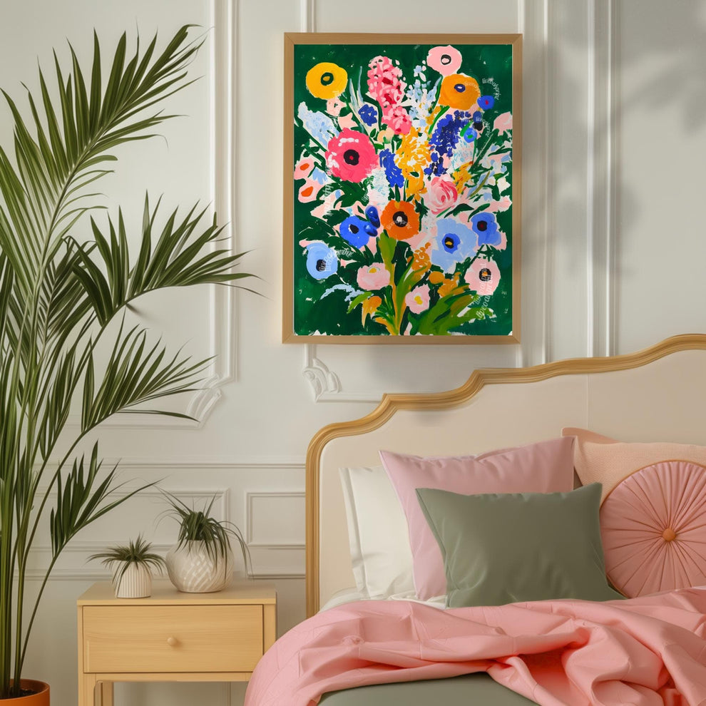 Moody Green Floral Wall Art – Colorful Cottagecore Wildflower Print in Pink Blue Yellow & Orange – Bold Botanical Art for Maximalist Decor
