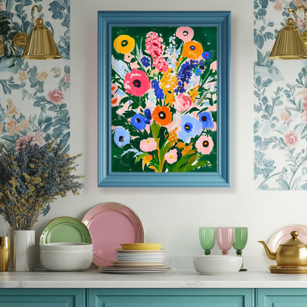 Moody Green Floral Wall Art – Colorful Cottagecore Wildflower Print in Pink Blue Yellow & Orange – Bold Botanical Art for Maximalist Decor