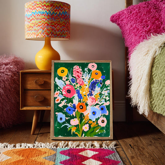 Moody Green Floral Wall Art – Colorful Cottagecore Wildflower Print in Pink Blue Yellow & Orange – Bold Botanical Art for Maximalist Decor