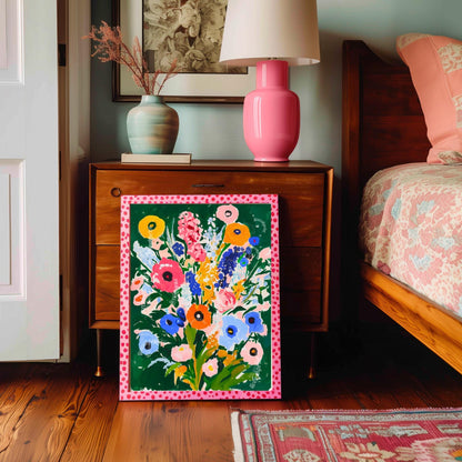 Moody Green Floral Wall Art – Colorful Cottagecore Wildflower Print in Pink Blue Yellow & Orange – Bold Botanical Art for Maximalist Decor