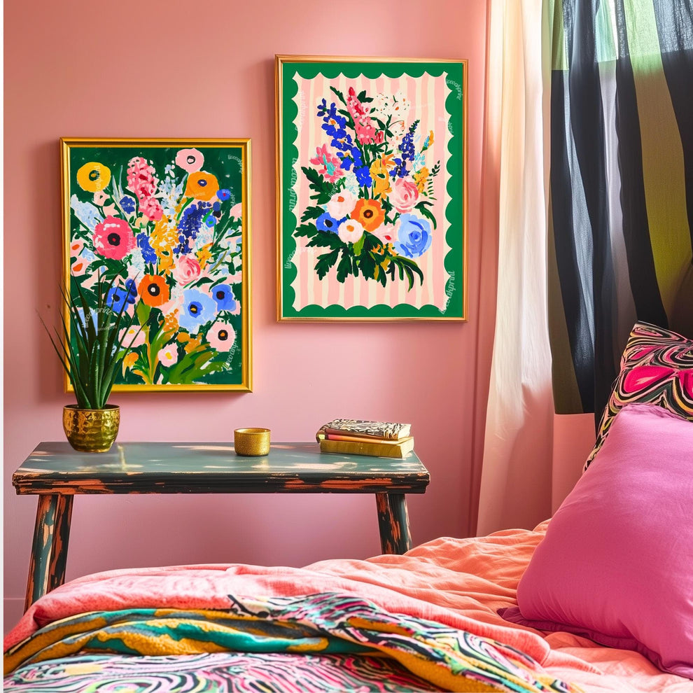 Moody Green Floral Wall Art – Colorful Cottagecore Wildflower Print in Pink Blue Yellow & Orange – Bold Botanical Art for Maximalist Decor