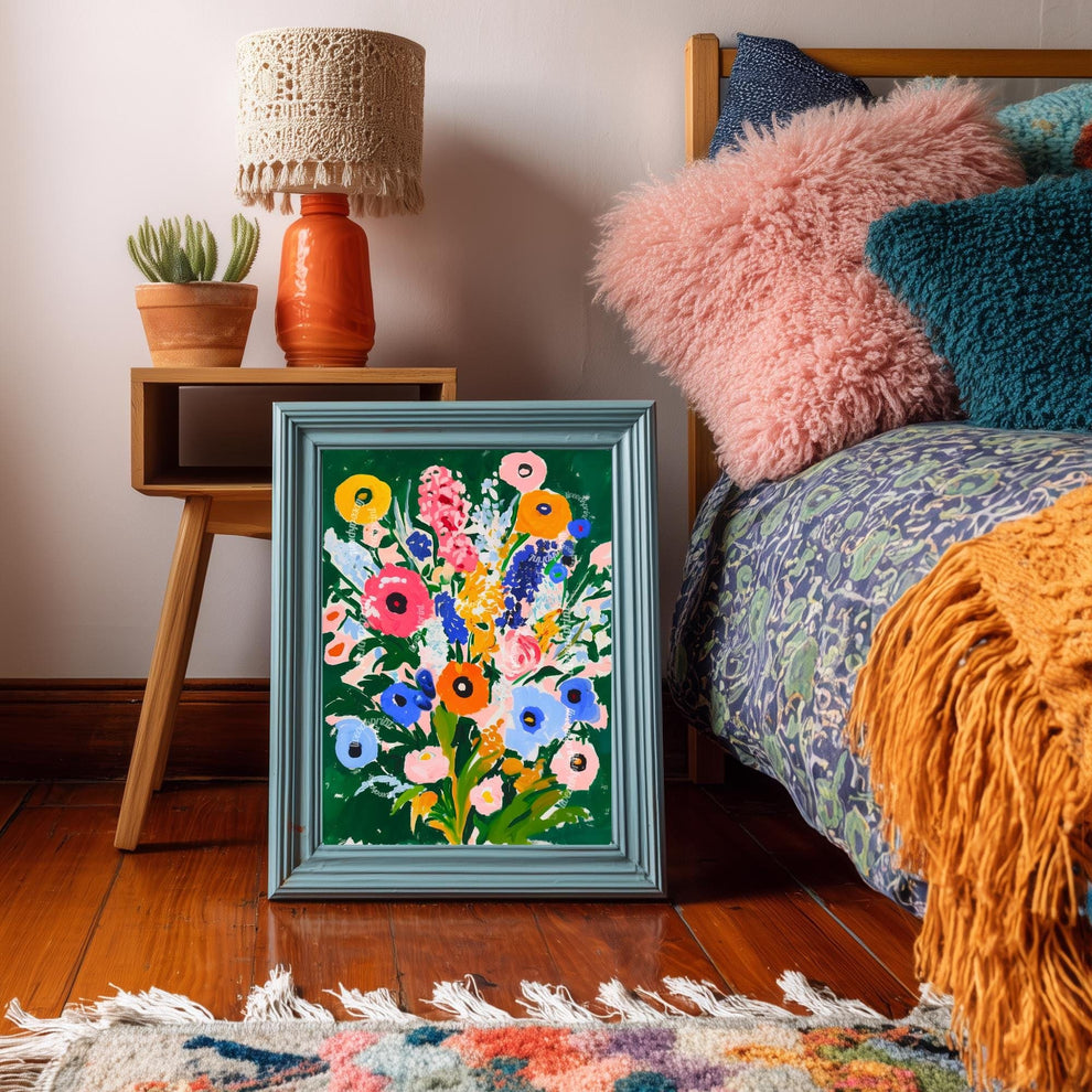 Moody Green Floral Wall Art – Colorful Cottagecore Wildflower Print in Pink Blue Yellow & Orange – Bold Botanical Art for Maximalist Decor