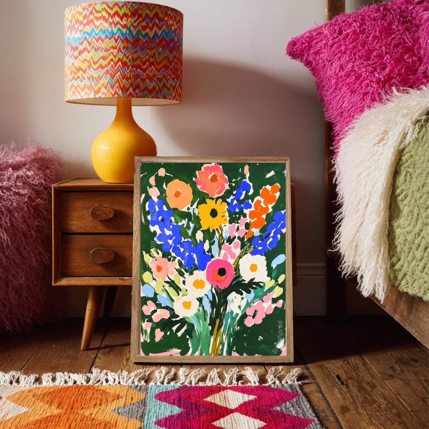 Bold Green Floral Wall Art Print – Vibrant Colorful Bouquet Poster, Cottagecore Maximalist Botanical Decor, Bright Flower Art for Bedroom