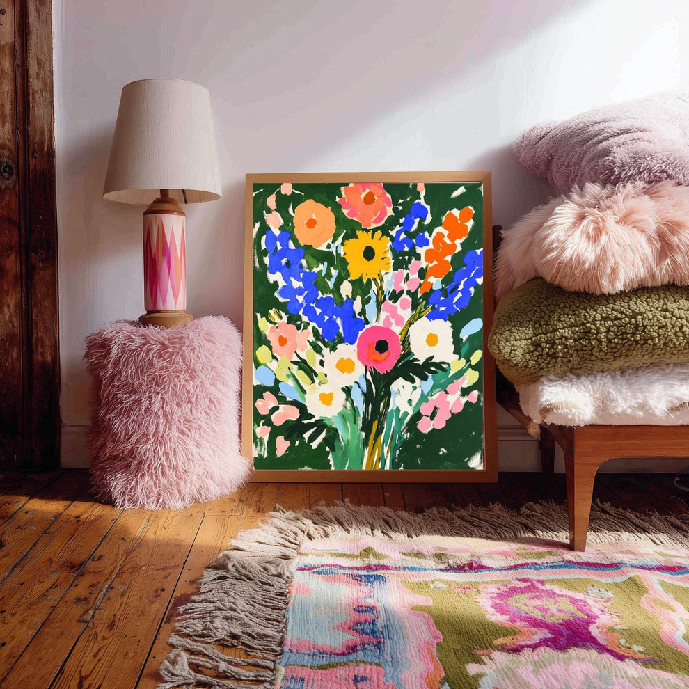 Bold Green Floral Wall Art Print – Vibrant Colorful Bouquet Poster, Cottagecore Maximalist Botanical Decor, Bright Flower Art for Bedroom