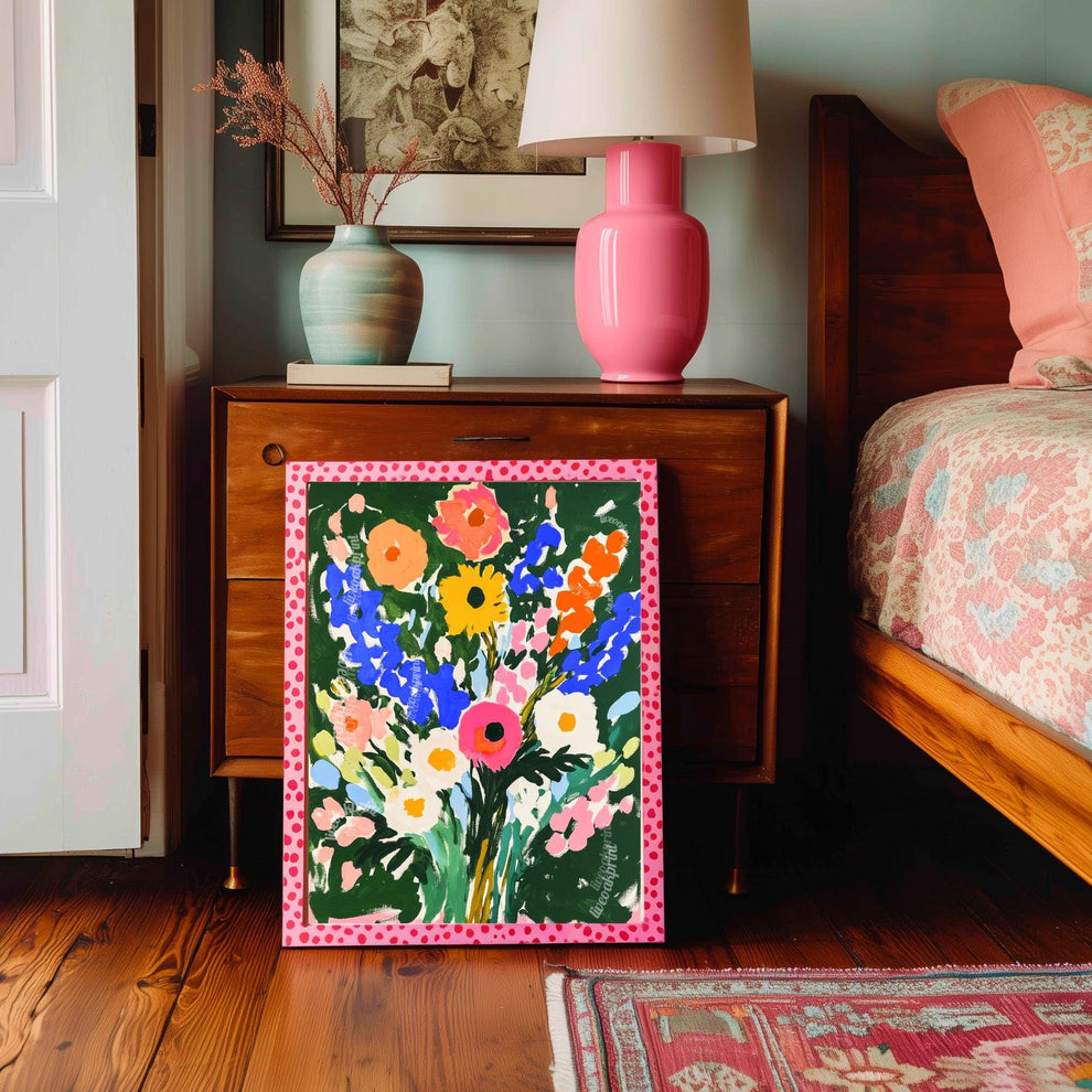 Bold Green Floral Wall Art Print – Vibrant Colorful Bouquet Poster, Cottagecore Maximalist Botanical Decor, Bright Flower Art for Bedroom