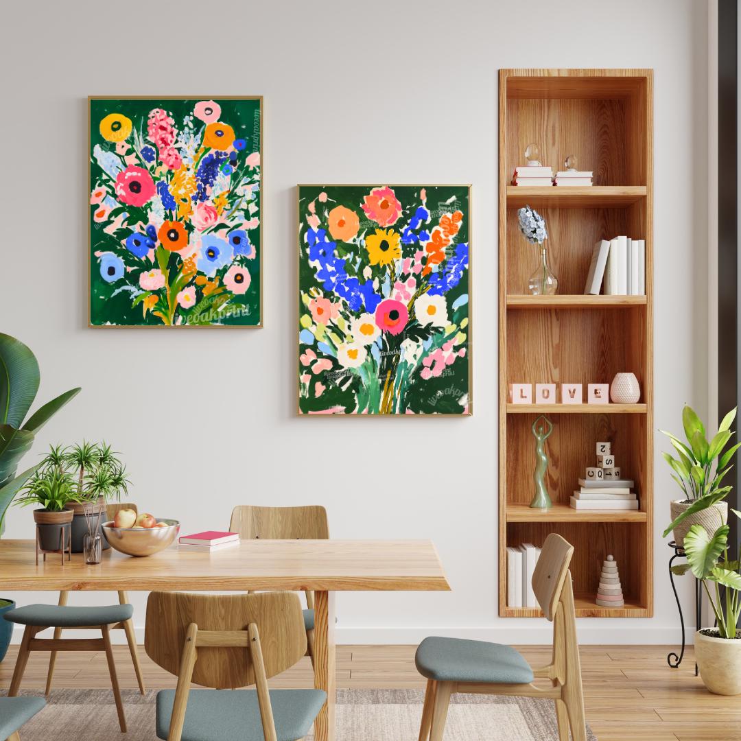 Green Floral Art Print Set of 2 – Bold Colorful Flower Wall Art, Botanical Maximalist Decor, Modern Cottagecore Bedroom or Gallery Wall