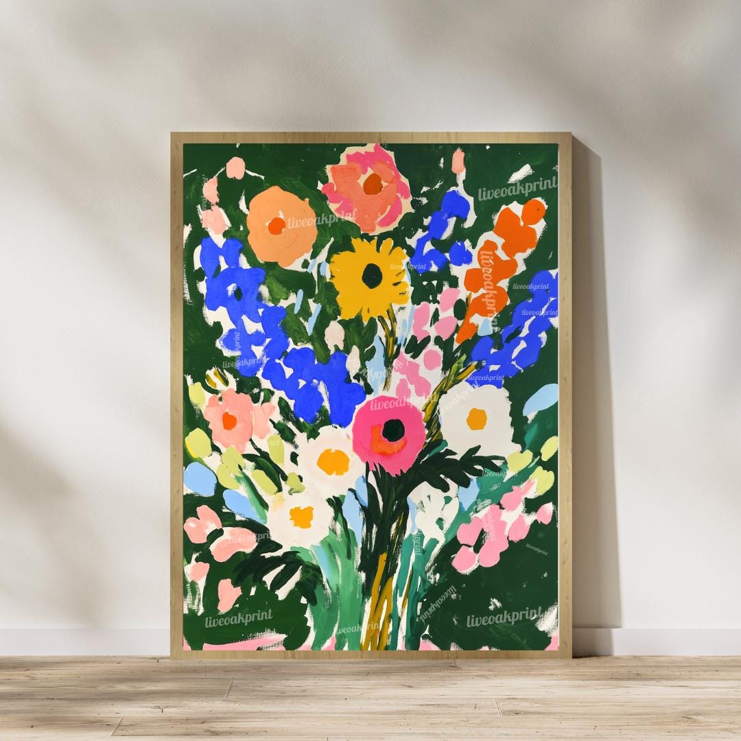 Green Floral Art Print Set of 2 – Bold Colorful Flower Wall Art, Botanical Maximalist Decor, Modern Cottagecore Bedroom or Gallery Wall