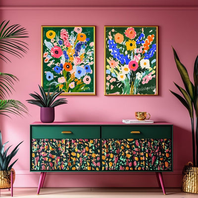 Green Floral Art Print Set of 2 – Bold Colorful Flower Wall Art, Botanical Maximalist Decor, Modern Cottagecore Bedroom or Gallery Wall