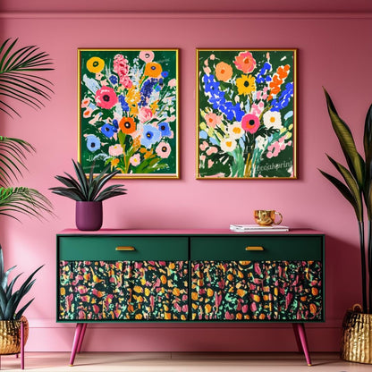 Green Floral Art Print Set of 2 – Bold Colorful Flower Wall Art, Botanical Maximalist Decor, Modern Cottagecore Bedroom or Gallery Wall