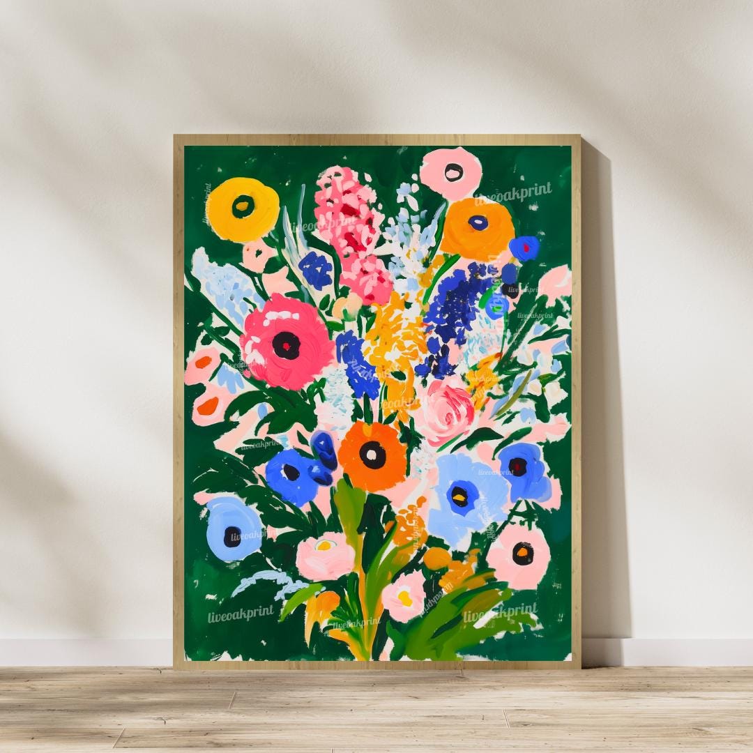 Green Floral Art Print Set of 2 – Bold Colorful Flower Wall Art, Botanical Maximalist Decor, Modern Cottagecore Bedroom or Gallery Wall