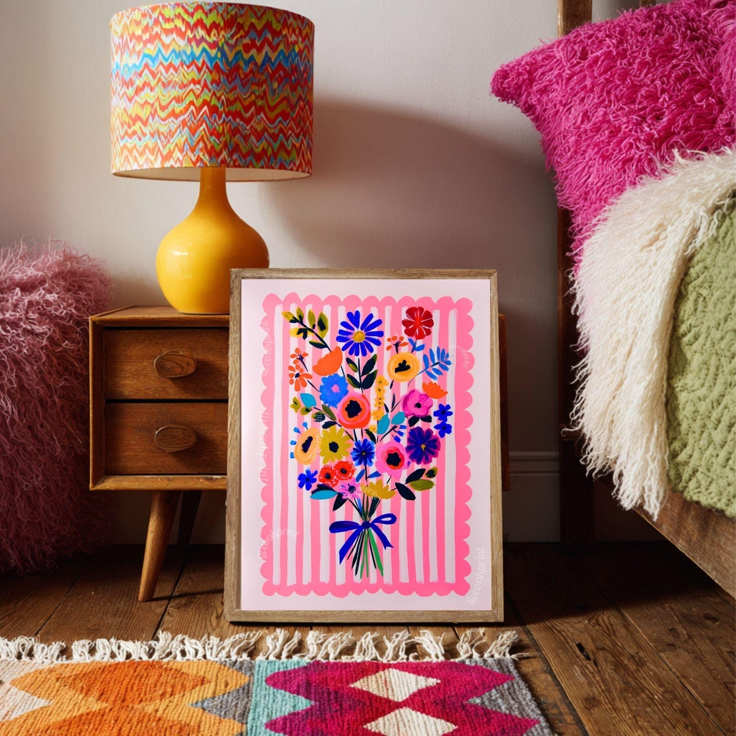 Whimsical Pink Floral Wall Art – Bright Bold Bouquet with Stripes, Colorful Maximalist Flower Print for Bedroom, Gallery Wall Modern Retro