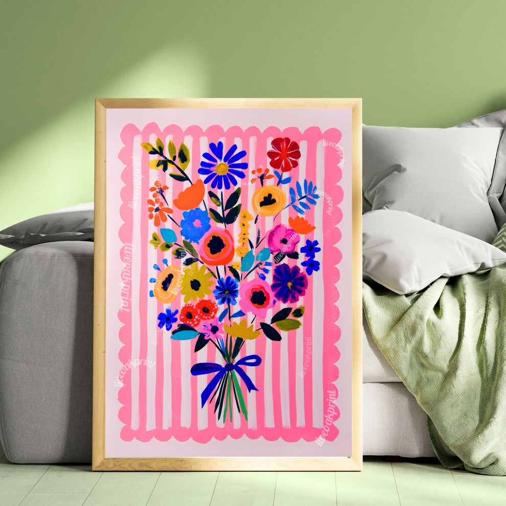 Whimsical Pink Floral Wall Art – Bright Bold Bouquet with Stripes, Colorful Maximalist Flower Print for Bedroom, Gallery Wall Modern Retro