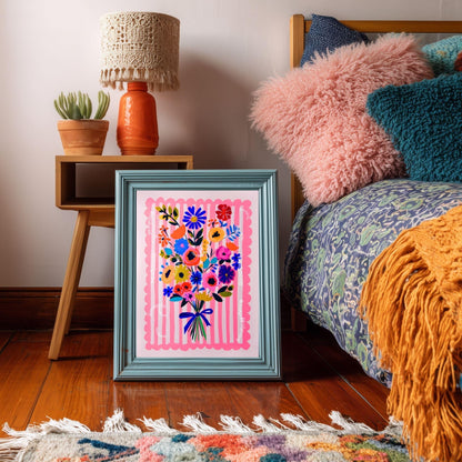 Whimsical Pink Floral Wall Art – Bright Bold Bouquet with Stripes, Colorful Maximalist Flower Print for Bedroom, Gallery Wall Modern Retro