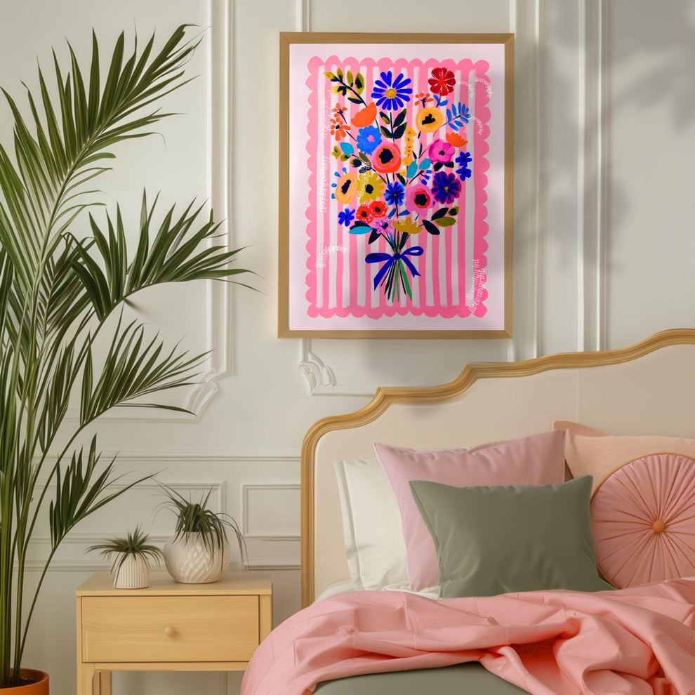 Whimsical Pink Floral Wall Art – Bright Bold Bouquet with Stripes, Colorful Maximalist Flower Print for Bedroom, Gallery Wall Modern Retro