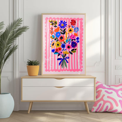 Whimsical Pink Floral Wall Art – Bright Bold Bouquet with Stripes, Colorful Maximalist Flower Print for Bedroom, Gallery Wall Modern Retro