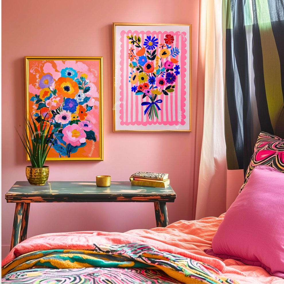 Whimsical Pink Floral Wall Art – Bright Bold Bouquet with Stripes, Colorful Maximalist Flower Print for Bedroom, Gallery Wall Modern Retro