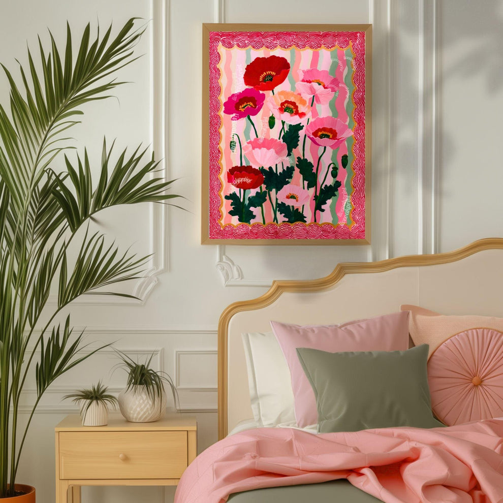 Wavy Poppy Floral Wall Art – Pink and Red Bold Botanical Print, Maximalist Retro Flower Poster for Bedroom, Gallery Wall Eclectic Home Decor