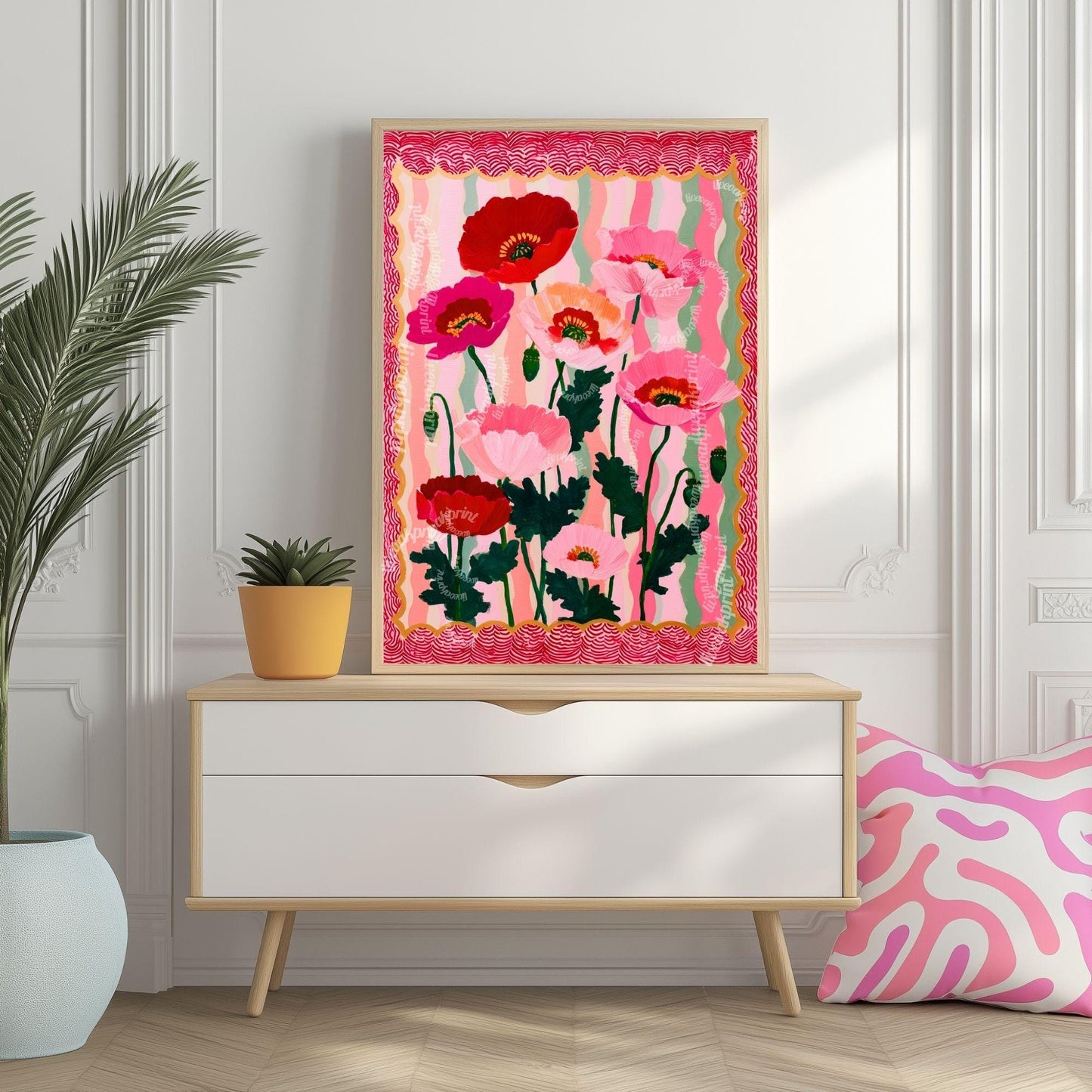 Wavy Poppy Floral Wall Art – Pink and Red Bold Botanical Print, Maximalist Retro Flower Poster for Bedroom, Gallery Wall Eclectic Home Decor
