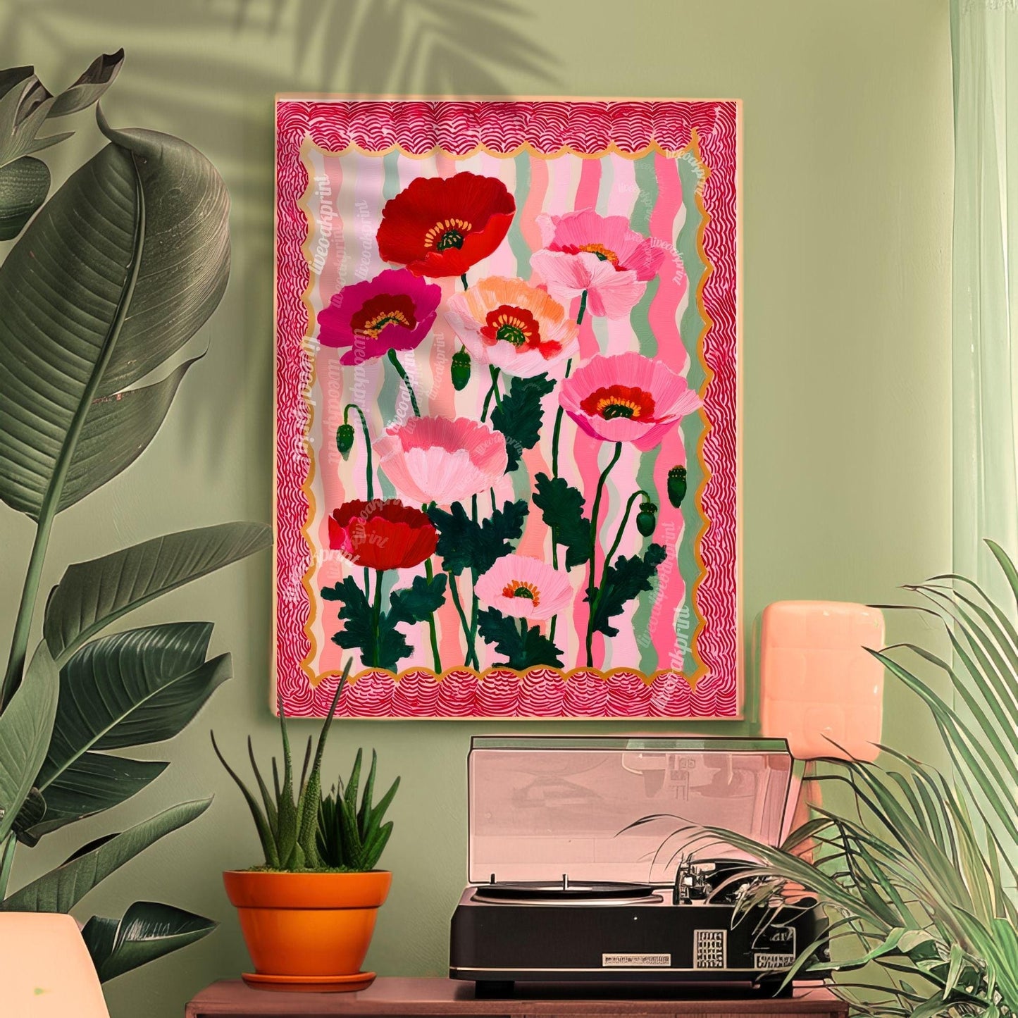 Wavy Poppy Floral Wall Art – Pink and Red Bold Botanical Print, Maximalist Retro Flower Poster for Bedroom, Gallery Wall Eclectic Home Decor