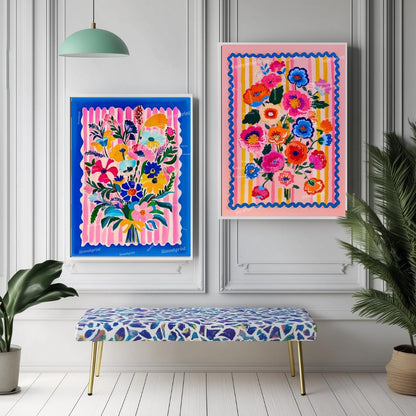 Bright Maximalist Floral Wall Art Set – Colorful Pink and Blue Flowers with Striped Borders – Eclectic Botanical Prints for Bold Home Decor