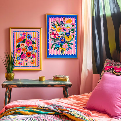 Bright Maximalist Floral Wall Art Set – Colorful Pink and Blue Flowers with Striped Borders – Eclectic Botanical Prints for Bold Home Decor