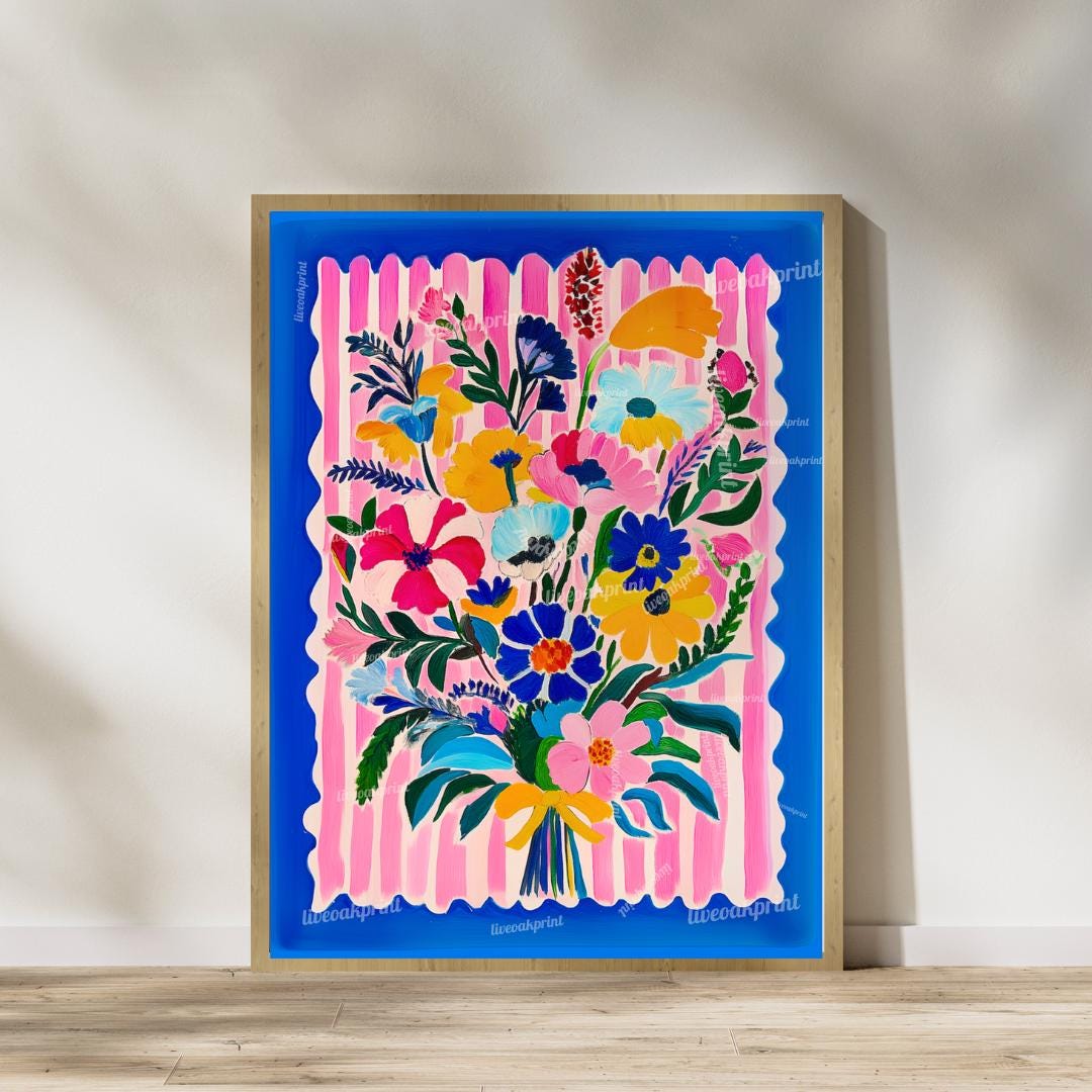 Bright Maximalist Floral Wall Art Set – Colorful Pink and Blue Flowers with Striped Borders – Eclectic Botanical Prints for Bold Home Decor