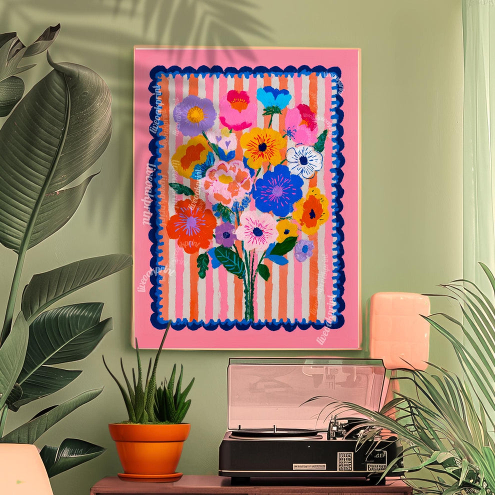 Cheerful Pink Floral Wall Art – Bright Bold Bouquet with Stripes, Colorful Maximalist Flower Print for Bedroom, Gallery Wall Modern Retro