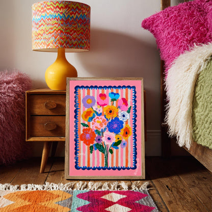 Cheerful Pink Floral Wall Art – Bright Bold Bouquet with Stripes, Colorful Maximalist Flower Print for Bedroom, Gallery Wall Modern Retro