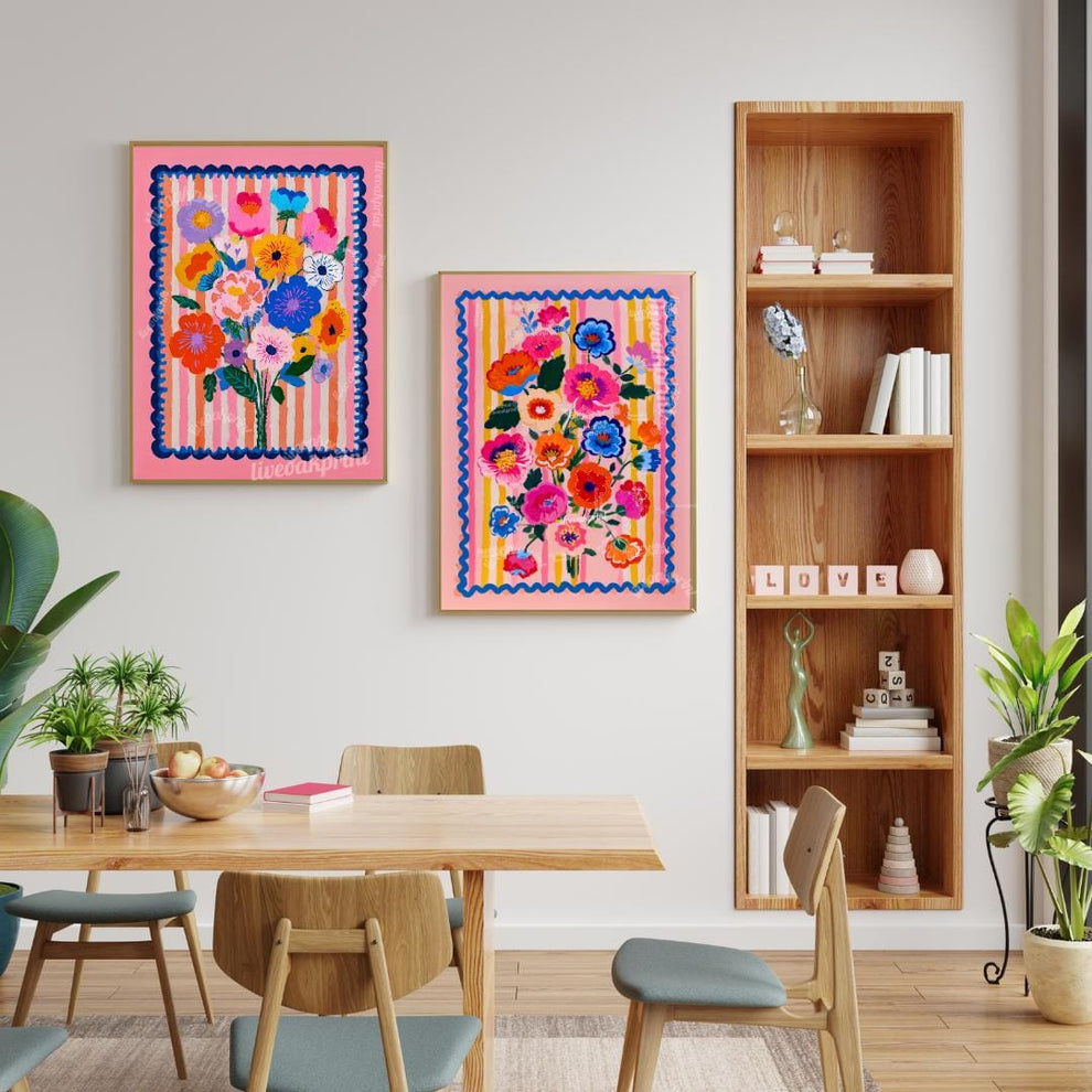 Pink Maximalist Floral Wall Art Set – Colorful Pink Flowers Set Of Two Prinkts – Eclectic Botanical Prints Boho Living Room Wall Art