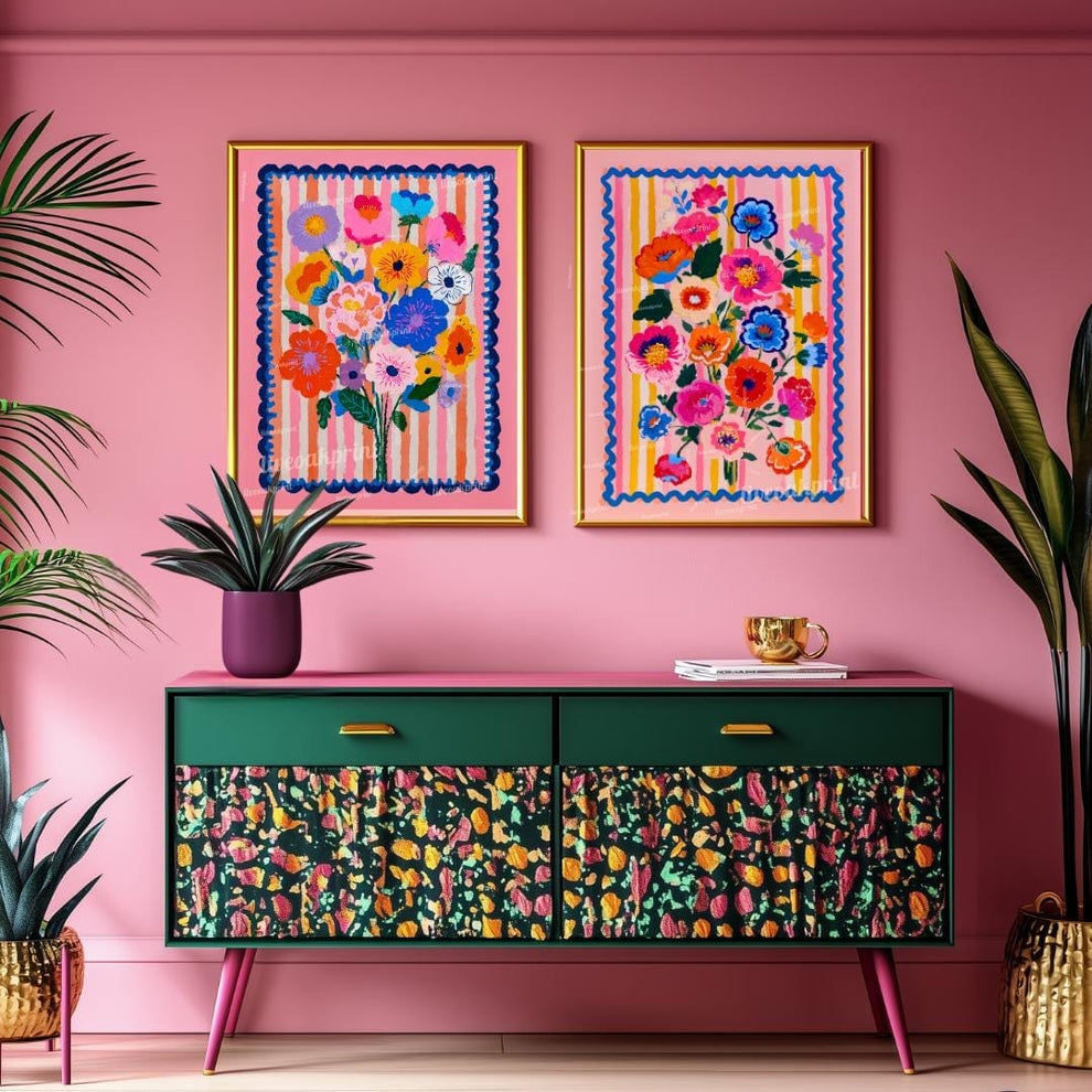Pink Maximalist Floral Wall Art Set – Colorful Pink Flowers Set Of Two Prinkts – Eclectic Botanical Prints Boho Living Room Wall Art