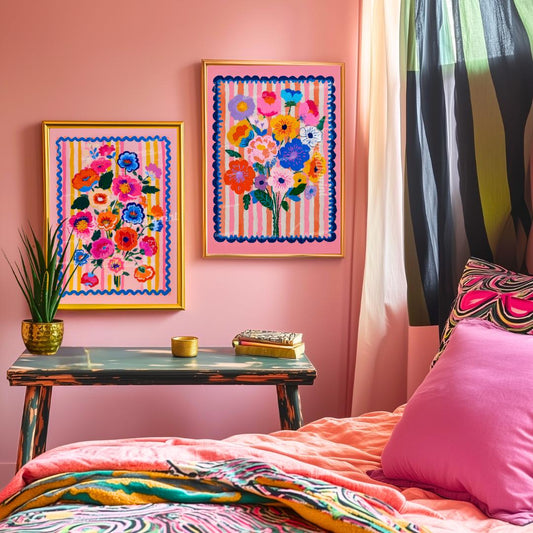 Pink Maximalist Floral Wall Art Set – Colorful Pink Flowers Set Of Two Prinkts – Eclectic Botanical Prints Boho Living Room Wall Art