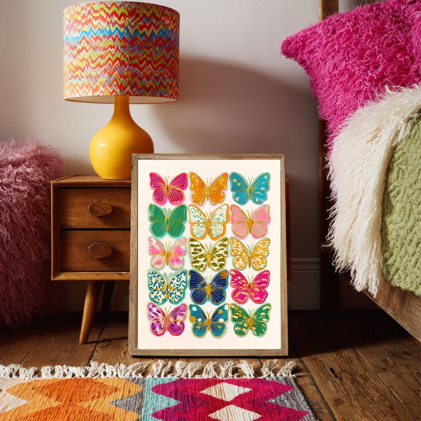 Colorful Butterfly Wall Art Print – Maximalist Dopamine Decor for Bedroom, Living Room, or Boho Gallery Wall Dorm Wall Decor Funky Kids Room