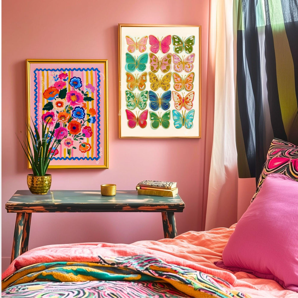 Butterfly Art Print – Bright Maximalist Wall Decor Colorful Boho Bedroom Poster Eclectic Gallery Wall Art Living Room Decor Preppy Dopamine