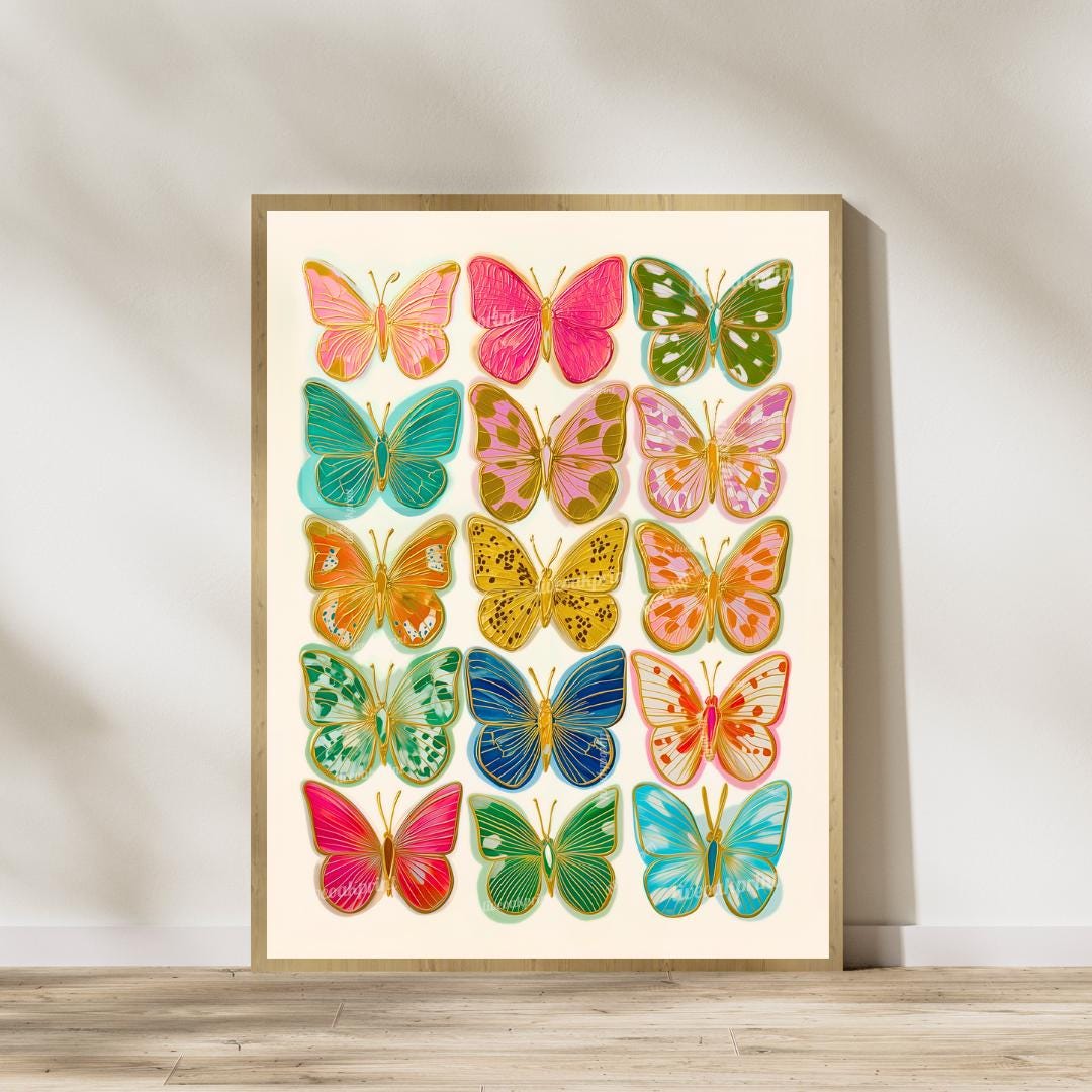 Set of 2 Butterfly Wall Art Prints – Colorful Maximalist Decor Boho Bedroom Art Playroom Decor or Eclectic Gallery Walls Pink Dorm Decor