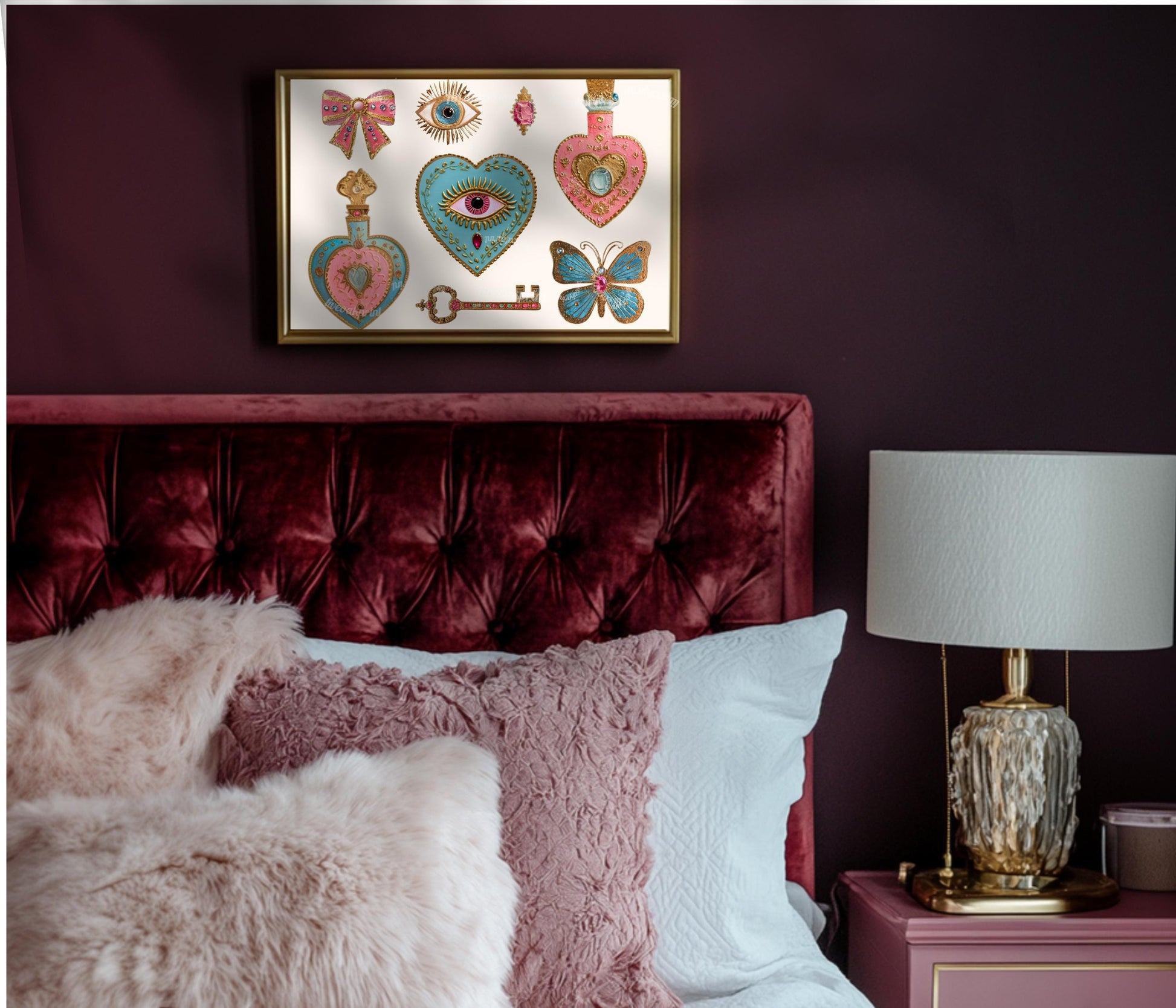 Horizontal Surrealist Art Print – Pink and Blue Heart Eye Wall Art Jeweled Trinket Collage Butterfly Bow Art Maximalist Coquette Aesthetic