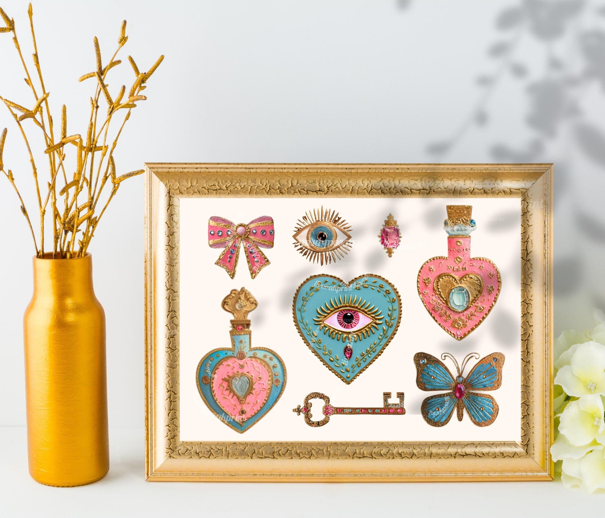 Horizontal Surrealist Art Print – Pink and Blue Heart Eye Wall Art Jeweled Trinket Collage Butterfly Bow Art Maximalist Coquette Aesthetic