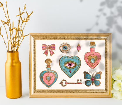 Horizontal Surrealist Art Print – Pink and Blue Heart Eye Wall Art Jeweled Trinket Collage Butterfly Bow Art Maximalist Coquette Aesthetic