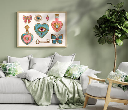 Horizontal Surrealist Art Print – Pink and Blue Heart Eye Wall Art Jeweled Trinket Collage Butterfly Bow Art Maximalist Coquette Aesthetic