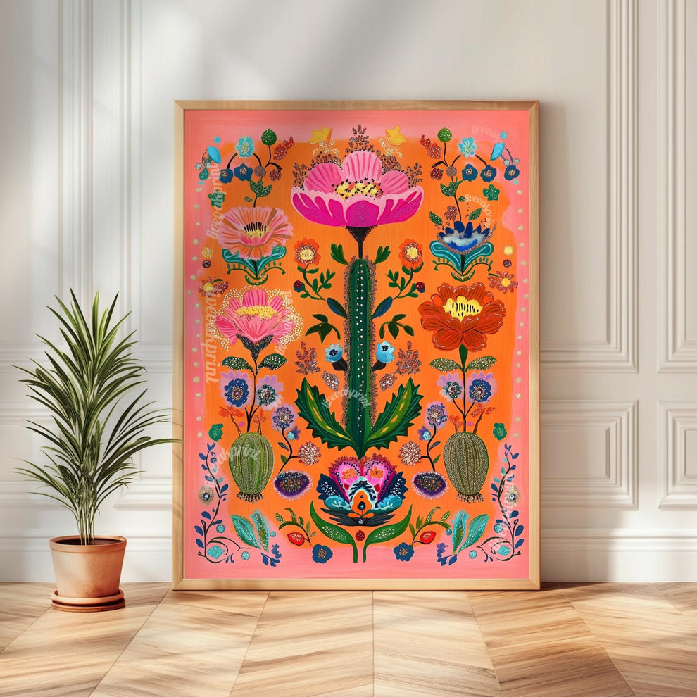 Cactus Wall Art Set of 3 – Bold Southwestern Prints Mexican Folk Art Desert Decor Orange Boho Gallery Wall Funky Over Couch Art Orange