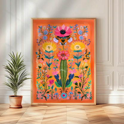 Cactus Wall Art Set of 3 – Bold Southwestern Prints Mexican Folk Art Desert Decor Orange Boho Gallery Wall Funky Over Couch Art Orange