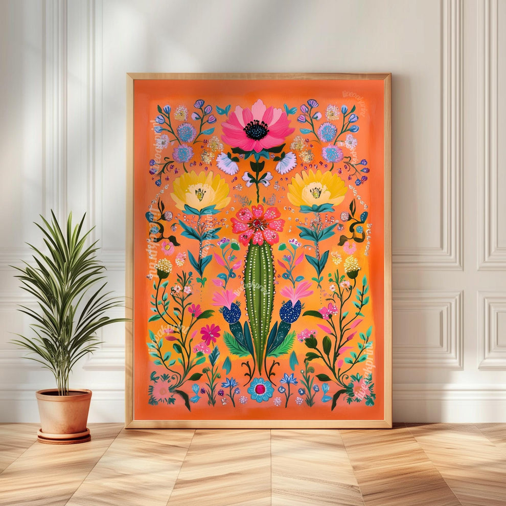 Cactus Wall Art Set of 3 – Bold Southwestern Prints Mexican Folk Art Desert Decor Orange Boho Gallery Wall Funky Over Couch Art Orange