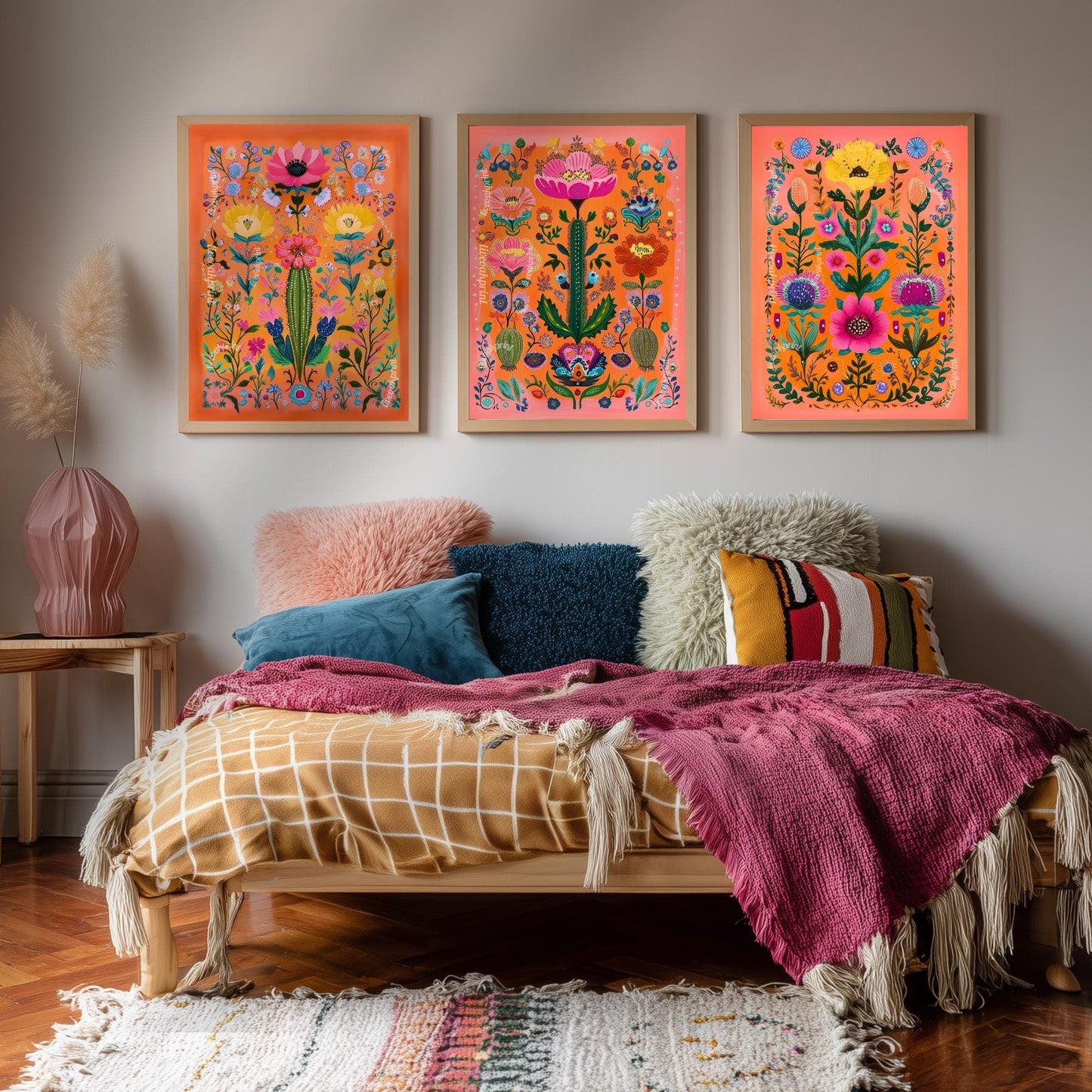 Cactus Wall Art Set of 3 – Bold Southwestern Prints Mexican Folk Art Desert Decor Orange Boho Gallery Wall Funky Over Couch Art Orange
