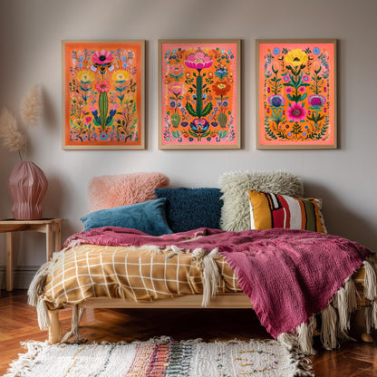 Cactus Wall Art Set of 3 – Bold Southwestern Prints Mexican Folk Art Desert Decor Orange Boho Gallery Wall Funky Over Couch Art Orange