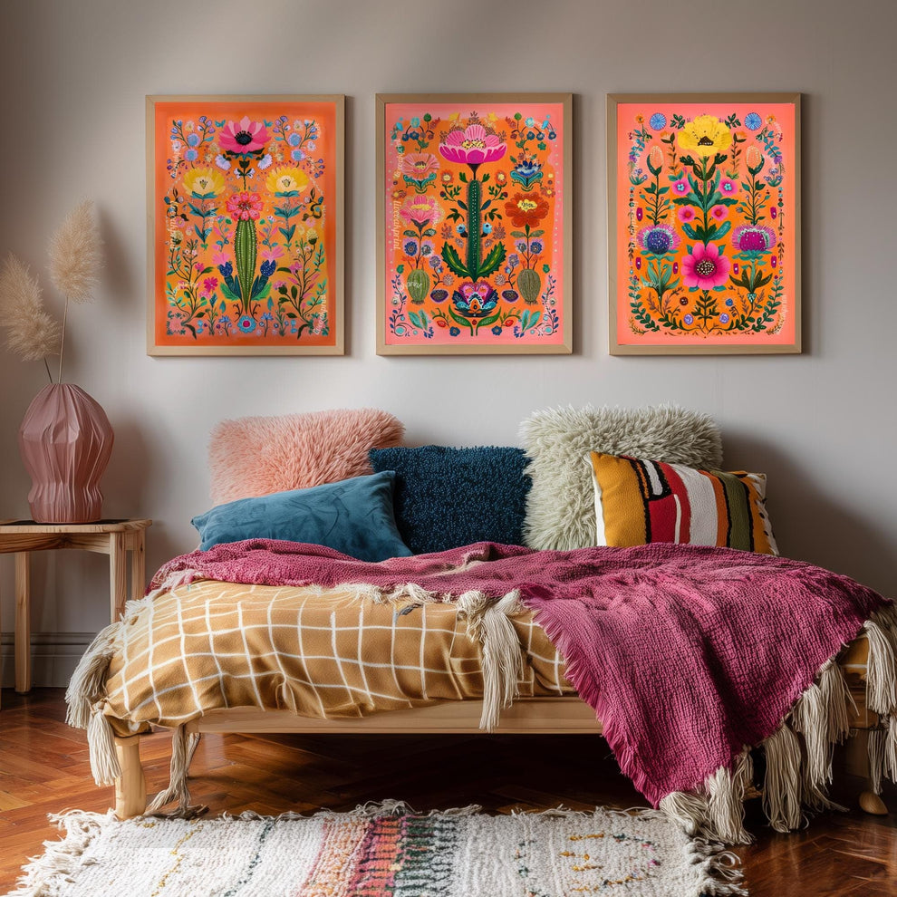 Cactus Wall Art Set of 3 – Bold Southwestern Prints Mexican Folk Art Desert Decor Orange Boho Gallery Wall Funky Over Couch Art Orange