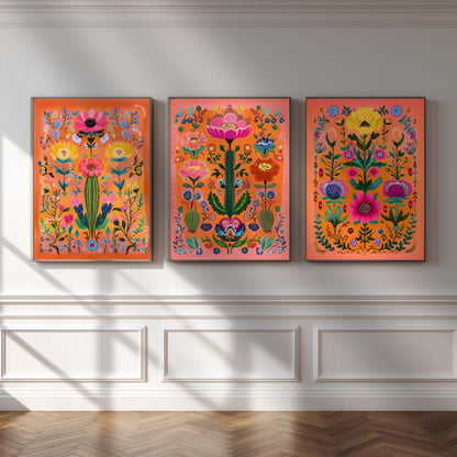 Cactus Wall Art Set of 3 – Bold Southwestern Prints Mexican Folk Art Desert Decor Orange Boho Gallery Wall Funky Over Couch Art Orange