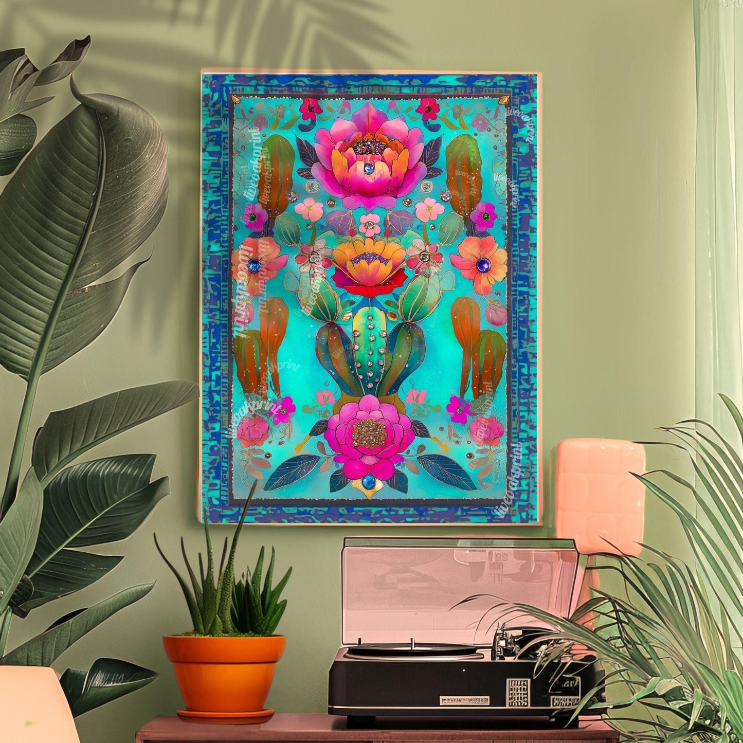 Turquoise Cactus Flower Wall Art – Maximalist Desert Botanical Print, Vibrant Pink and Teal Art for Southwestern or Boho Gallery Walls
