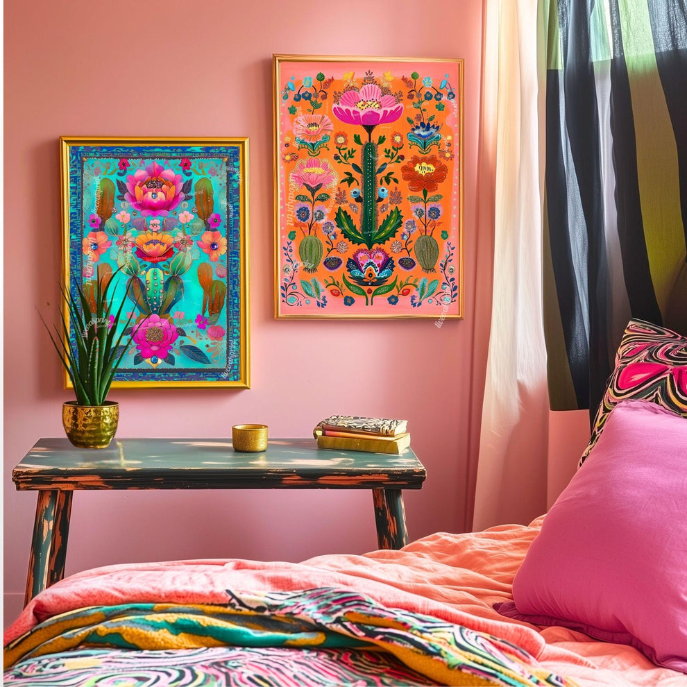 Turquoise Cactus Flower Wall Art – Maximalist Desert Botanical Print, Vibrant Pink and Teal Art for Southwestern or Boho Gallery Walls