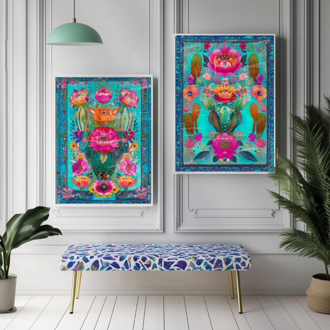 Set of Two Turquoise Mexican Cactus Wall Art – Folk-Style Desert Print Colorful Pink & Blue Maximalist Décor for Southwestern Boho Homes